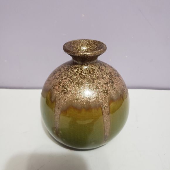 Pottery Bud Vase Green Tan Drip Glaze 5"×3.5" - Picture 3 of 7
